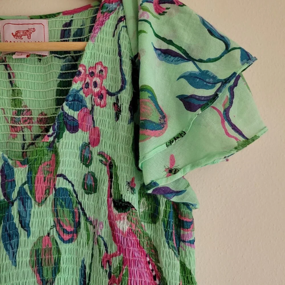 Banjanan Ira Ruffle Sleeve Maxi Dress Green Floral Peacock with Pockets Large - Picture 3 of 9